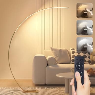 Lampadaire sur Pied Salon LED, Lampadaire Arc Dimmable, 25W Moderne Lampe Sur Pied LED avec Télécommande, 1800LM 3000K-6000K, Lampe de Lecture pour Salon, Chambre, Bureau, Hôtel, Doré, 170cm
