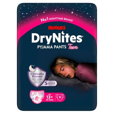 Drynites Huggies Couches pour fille, taille XL (48-60 kg), 9 culottes absorbantes, 13-19 ans