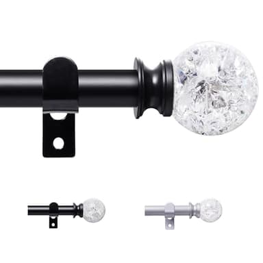 Tringle à rideaux extensible de 67 à 107 cm, tiges de rideaux noires ajustables pour rideaux à œillets, 16 mm de diamètre, tringle décorative réglable avec supports et embouts ronds en cristal