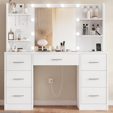 TEENFON Coiffeuse avec Lumières, Luminosité Réglable, Coiffeuse avec Miroir et Prise, Table de Maquillage avec 7 Tiroirs, 4 Étagères et 5 Crochets, Commode Moderne, Blanc
