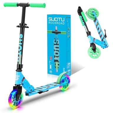 SUOTU Trottinette pour Enfants avec Roue Lumineuse de 145 mm, Charge Max: 100 kg, Pliable, Hauteur Réglable, Scooter pour Garçons et Filles de 3 à 12 Ans, Aluminium (Bleu-Vert)