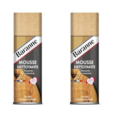 Baranne Mousse Nettoyante Aérosol | Tous coloris, textiles & daims | Chaussures, sacs, vêtements ou objets de maroquinerie en daim, nubuck et cuir velours véritables | 200ML (Lot de 2)