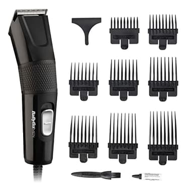 Babyliss 7755U Tondeuse à cheveux pour homme, lames tranchantes en acier inoxydable, 8 guides de peigne, alimentation secteur, coiffures à la maison, peigne inclus, lisse et précis, noir