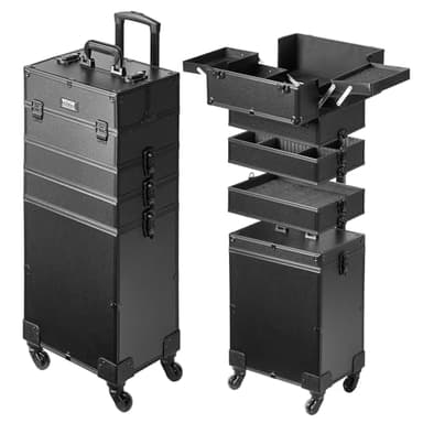 VEVOR Mallette de Maquillage à roulettes 5en1 Valise de Rangement Aluminium Boîte Trousse Maquillage Professionnelle Voyage Roues Pivotantes 360° Tige de Traction Réglable Cadeau de Maquillage, Noir