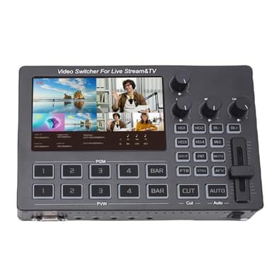Oreilet Commutateur Flux Direct, Interface Multimédia HD Personnalisable à 4 Canaux, Mélangeur Vidéo Direct avec Rétroéclairage Réglable pour Cours Ligne Temps Réel Multi-caméras (Prise UE)