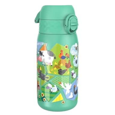 Ion8 Gourde Enfant, Inox Léger, 400ml, Non Isolé, Anti-Fuite, Facile à Ouvrir, Verrouillage Sécurisé, Lavable au Lave-Vaisselle, Poignée de Transport, Acier Inoxydable, Motif Animaux de Ferme