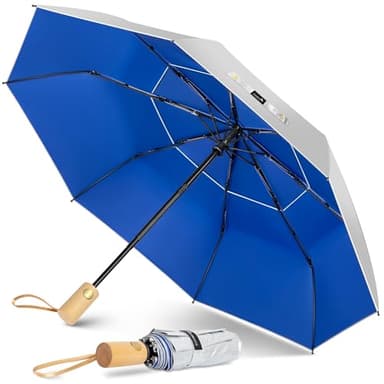 ZOMAKE Parapluie Pliant Anti UV,Parapluies Compact Automatique Resistant au Vent Avec Double Canopée Ventilée,Petit Ombrelle Soleil Solide Avec Poignée En Bois(Argent Bleu Marine)