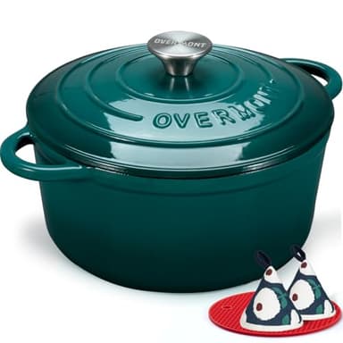 Overmont Cocotte en Fonte Émaillée - Ø28 cm Casserole Antiadhésive Avec Couvercle et Maniques en Coton - Batterie de Cuisine Robuste pour Braiser Ragoûts Rôtir Pain - Vert bouteille