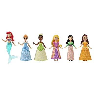 Mattel Disney Princesses - Coffret 6 Mini-Poupées Articulées avec Habillage Scintillant et 13 Accessoires pour le Thé, Inspirées des Films JCR91
