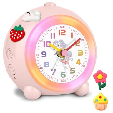 SOCICO Réveil analogique pour enfants filles, design licorne, silencieux, sans tic-tac, mignon réveil en forme de pêche analogique, avec lumière colorée, volume réglable (rose pâle)