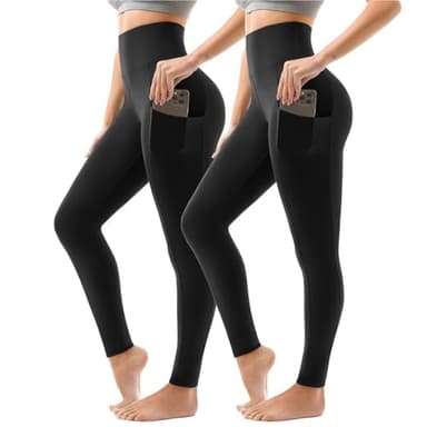 Sanpetix Lot de 2 leggings de sport pour femme, taille haute, pantalon de sport femme long avec poches, pour la gym, le yoga, SM, noir/gris, Noir , L-XL