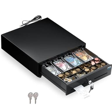 POS VALLEY Tiroir-Caisse Automatique 33x33cm, 4 Compartiments Billets/8 Pièces, Ouverture RJ11/Clé, Idéal pour Petits Commerces (Noir)