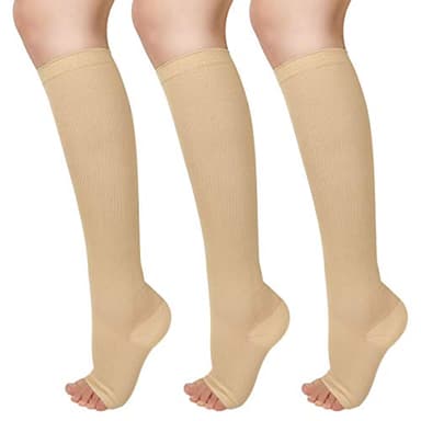 Lot de 3 paires de bas de contention médicaux pour homme et femme sans pointe du pied Beige, blanc crème, L