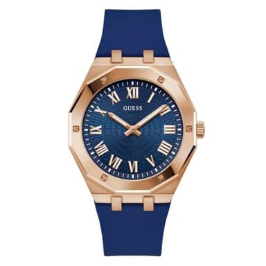 GUESS Montre pour homme 42 mm, Bleu/or rose/bleu, Classique