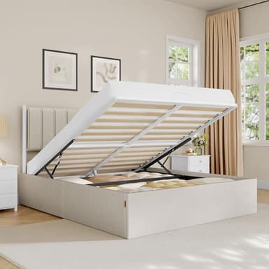 VASAGLE Lit Coffre 140 x 190 cm, Cadre de Lit, 2 Personnes, Sommier Relevable, avec Rangement, Système Hydraulique, Moderne et Minimaliste, Montage Facile, Beige Cappuccino RMB613LH01
