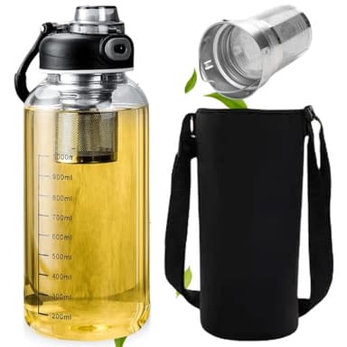 1.5 litre Bouteille d'eau en Verre Borosilicaté, 1.5l Gourde en Verre avec Paille, Gourde en verre avec infuseur à thé, Bouteille D'eau En Verre Borosilicate Avec Filtre Et Couvercle Pour Boissons Jus