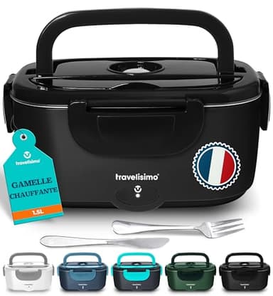 TRAVELISIMO Gamelle Chauffante 80W Lunch Box Chauffante 1,5L Chauffe Plat Electrique 3 en 1 220V 24V 12V, Marmite Electrique, Acier Inoxydable, Chauffe plat Voiture pour Voyage et Bureau
