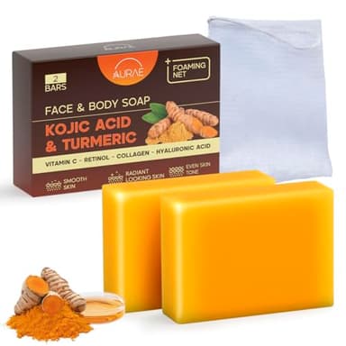 Savon Kojic Acid & Savon Curcuma Visage contre les Taches, Éclaircissant & Hydratant – Doux Visage & Corps, Avec Vit. C, Rétinol, Collagène & Ac. Hyaluronique, Sans Parabènes & SLS (2 x 100g)