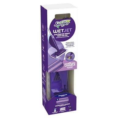 Swiffer Balai WetJet, Kit de Démarrage (1 Balai + 1 Lingette Micro-Fibre Lavable + Lingettes Jetables + 1 Solution Nettoyante), Solution Multi-Surfaces, Élimine la Saleté Sans Traces ni Résidus