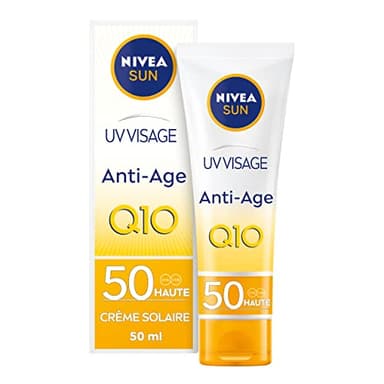NIVEA SUN - Crème UV Visage Anti-Âge Q10 FPS 50 - Protection Solaire UVA/UVB & Lumière Bleue - Prévient Le Vieillissement - Formule Hydratante Au Q10 - Non Collant - Peaux Normales À Sèches - 50 ml