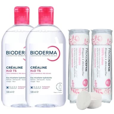 Pack Eau Micellaire Créaline H2O TS 2 x 500 ml et 2 x 80 Cotons Ronds HEXACARE OFFERTS – Nettoyant & Démaquillant Visage et Yeux – Peaux Sensibles Très Sèches – Sans Rinçage – Haute Tolérance