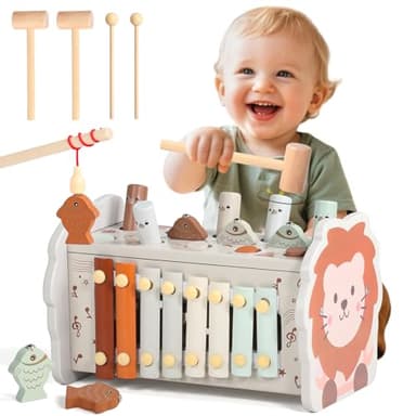 Jouet Bebe 1 an - Jeux Montessori 1 an 4 en 1 Jouet Montessori avec Tape-Taupe Xylophone Bebe Pêche et Labyrinthe Jouets Enfant 1 ans Educatif en Bois Idéal Cadeau Noel Enfant 1 ans Fille Garçon