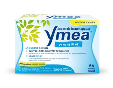 Ymea Ventre Plat - Complément Alimentaire ménopause(1) - actifs végétaux, vitamines et minéraux - contrôle des bouffées de chaleur (1) et ventre plat(2,3) - 64 gélules - 1 mois