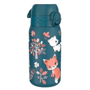 Ion8 Gourde Enfant, Inox Léger, 400ml, Non Isolé, Anti-Fuite, Facile à Ouvrir, Verrouillage Sécurisé, Lavable au Lave-Vaisselle, Poignée de Transport, Acier Inoxydable, Animaux de la Forêt