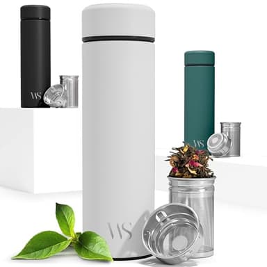 Bouteille d’eau isotherme à infusion thé & fruits + infuseur à fruit + passoire thé sans BPA | Thermos 450ml en acier inoxydable isolé sous vide | Gourde bureau extérieur école voyage sport – Beige