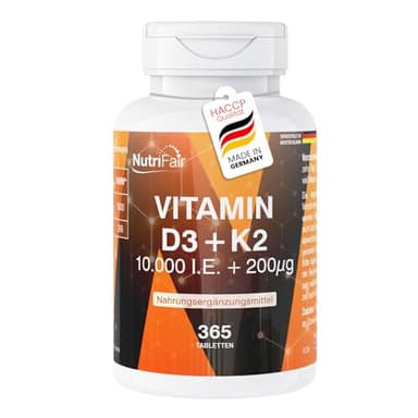 Vitamine D3 + K2-365 comprimés - 10.000 UI + 200μg - Hautement dosé – Fabrication allemande et testé en laboratoire - NutriFair | Premium & Fair