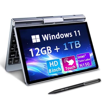 KOOTIGERS Ordinateur Portable Mini 8" 2-en-1 Tactile, Win 11, N150 (3.6 GHz), 12 Go RAM 1 to SSD, Écran HD Rétroéclairé, Clavier Rétroéclairé, Wi-FI 6, USB-C, Ultra-Léger pour Travail/École/Maison