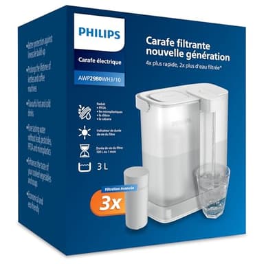 Philips Water Carafe filtrante Instant (3 L) – Eau propre et savoureuse en quelques secondes – 3× filtre Taste+, réduit le chlore et le plomb, préserve les minéraux