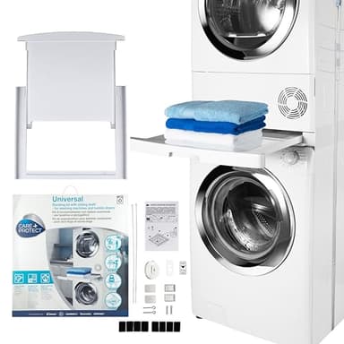 CARE+PROTECT Kit de Superposition Universel pour Lave-Linge de Profondeur 47 à 62 cm et Sèche-Linge de Taille Standard - Avec Tablette Coulissante - Optimise l'espace - Blanc - Devant Arrondi