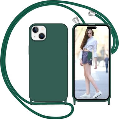 Nupcknn - Étui en silicone liquide avec cordon pour iPhone 15 - Coque souple en silicone avec sangle réglable, collier et cordon de serrage (Vert)