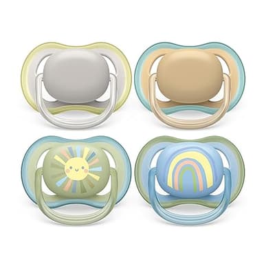 Philips Avent, Sucettes légères et aérées pour bébés âgés de 0 à 6 mois, sans BPA et avec étui de transport stérilisateur, Lot de 4, modèle SCF085/65