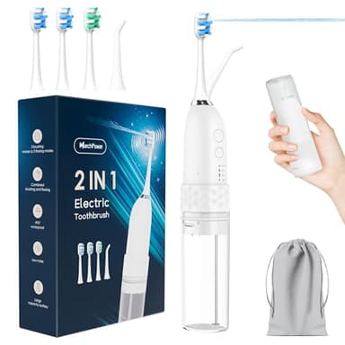 Marchpower Brosse à Dent Electrique Sonique avec Jet Dentaire Portable 2 en 1 - Kit Voyage Hydropulseurs et Irrigateurs pour Adultes - 3+4 Modes de Nettoyage - 4 Têtes de Rechange - IPX7 Etanche