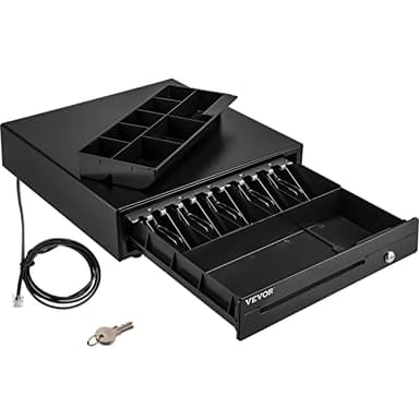 VEVOR Tiroir-Caisse Enregistreuse 41 cm Tiroir-Caisse Manuel et Automatique Compartiments 5 Billets 8 Pièces Tiroir Caisse Enregistreuse Port RJ11/RJ12 Billets Monnaie POS Restaurant Supermarché Noir