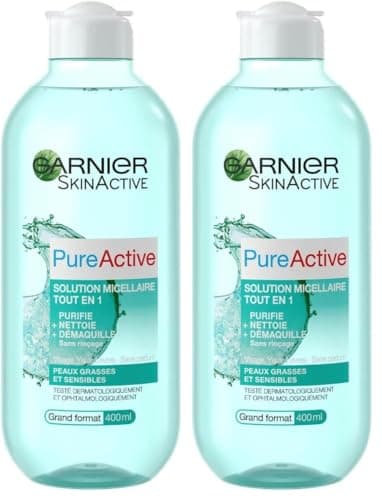 GARNIER Pure Active - Solution Micellaire Tout-En-1 - Purifie, Nettoie & Démaquille - Formule Enrichie En Micelles - Visage, Yeux, Lèvres - Peaux Mixtes à Grasses & Sensibles - 400 ml (Lot de 2)
