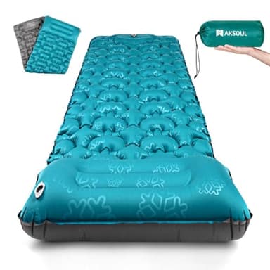 AKSOUL Matelas Camping Portable Matelas Gonflable - Autogonflant Tapis de Couchage 1 Place Léger avec Oreiller & Pompe à Pied, Matels de Sol Bleu Pliable pour Trekking Voyage Randonnée
