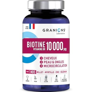 Biotine 10 000 µg GRANIONS, Complement alimentaire CHEVEUX, PEAU, ONGLES - Vitamine B5, Biotine, Millet, Cystine, Myrtille, Zinc, Sélénium, Methionine - Vegan, sans gluten, 60 comprimés Made in France
