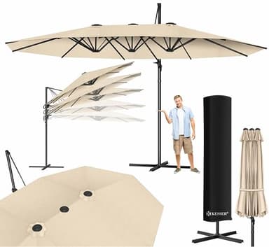 KESSER® Parasol double 4,6m x 2,7m - Sans LED | Protection Contre le Vent avec Manivelle et Support | Parasol à Manivelle en Aluminium Hydrofuge | Inclinable Basculant 360° Rotatif - Beige