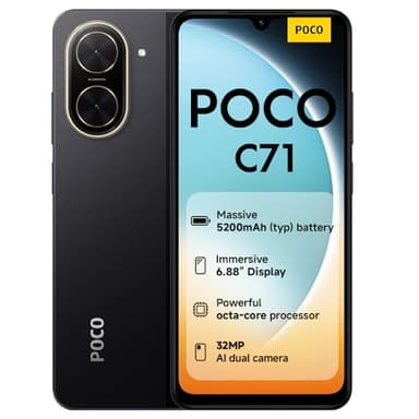 POCO C71 Smartphone, 3 + 64 Go, Noir, processeur UNISOC T7250, Batterie 5200 mAh, Double caméra AI 32 MP, Grand écran de 6,9 Pouces (Adaptateur Secteur Non Inclus)