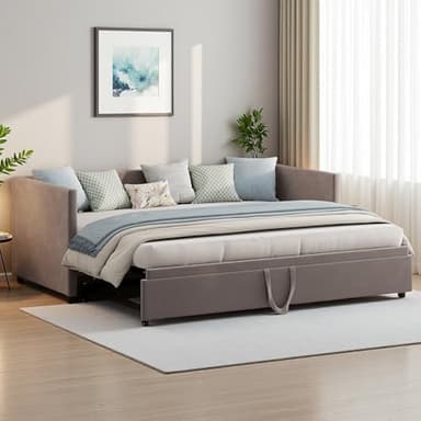 Poeahu Canapé Lit Convertible 90/180 x 200 cm, Canapé Lit 2 Places Extensible avec Sommier à Lattes, Lits Gigogne 2 Places, Multifonctionnel LiT Rembourré pour Adolescent Adulte, sans Matelas (Gris)