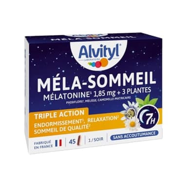 Alvityl Méla-sommeil – Mélatonine + 3 plantes + vitamine B6 – Triple action sur le sommeil et la relaxation- 1,85mg Mélatonine – Action Chrononuit 7h - 45 gélules