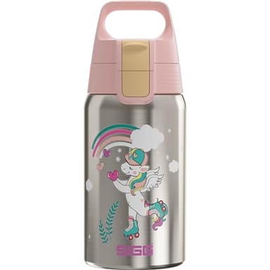 Sigg - Gourde Enfant En Acier Inoxydable - Shield One Uni Skate - Pour l'École et le Sport - Convient Aux Boissons Gazeuses - Étanche & Légère - Sans BPA - Inox Motif Licorne en Rollers - 0,5L