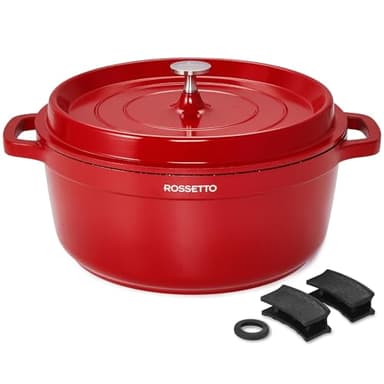 ROSSETTO 6,6L Cocotte ronde en fonte d’aluminium, revêtement antiadhérent en céramique. Couvercle avec picots saveurs. Compatible tous feux dont induction et au four jusqu’à 220℃, 28cm, Rouge