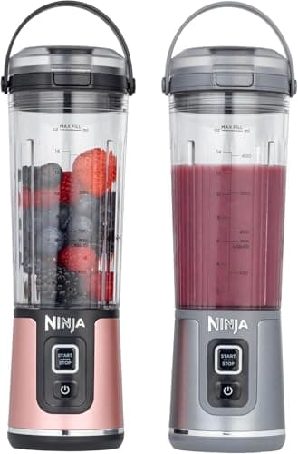 Ninja Blast Pack de 2 blenders portables de 530 ml, couvercle anti-fuite et bec verseur, sans fil, rechargeable, smoothies, shakes protéinés, granités, or rose et argent métallisé, BC151UKEUGV