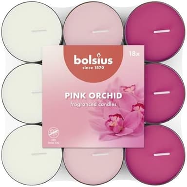 Bolsius - 18 Bougies Chauffe-Plat Parfumées – Orchidée Rose - Durée de Combustion de 3.5 Heures - Diamètre 38 mm - Extraits Naturels - Contient de la Cire Végétalienne - Sans Huile de Palme
