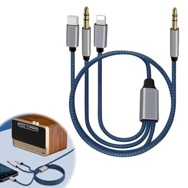 Câble Auxiliaire 3-en-1 vers Jack millimètre, 1.2M Câble Audio 8-Pin Connecteur & USB-C & 3.5mm vers Jack, Compatible avec iPhone, Casque, Voiture, MP3, Haut-Parleurs Stéréo