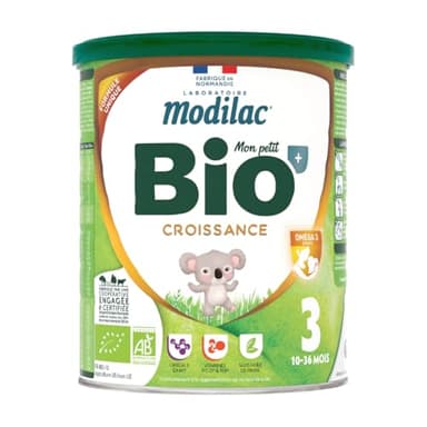 Modilac - Lait Infantile en Poudre Bio+ Croissance - Lait Écrémé Français, Riche en Acides Gras Essentiels, Certifié AB, Fabriqué en France Sans Huile de Palme - 12 à 36 Mois - 800g